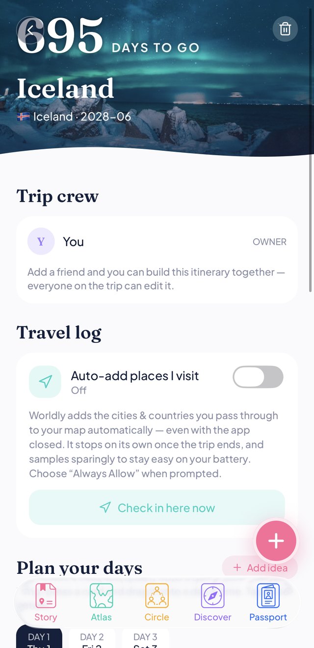 Trip planner — Iceland countdown with trip crew and travel log